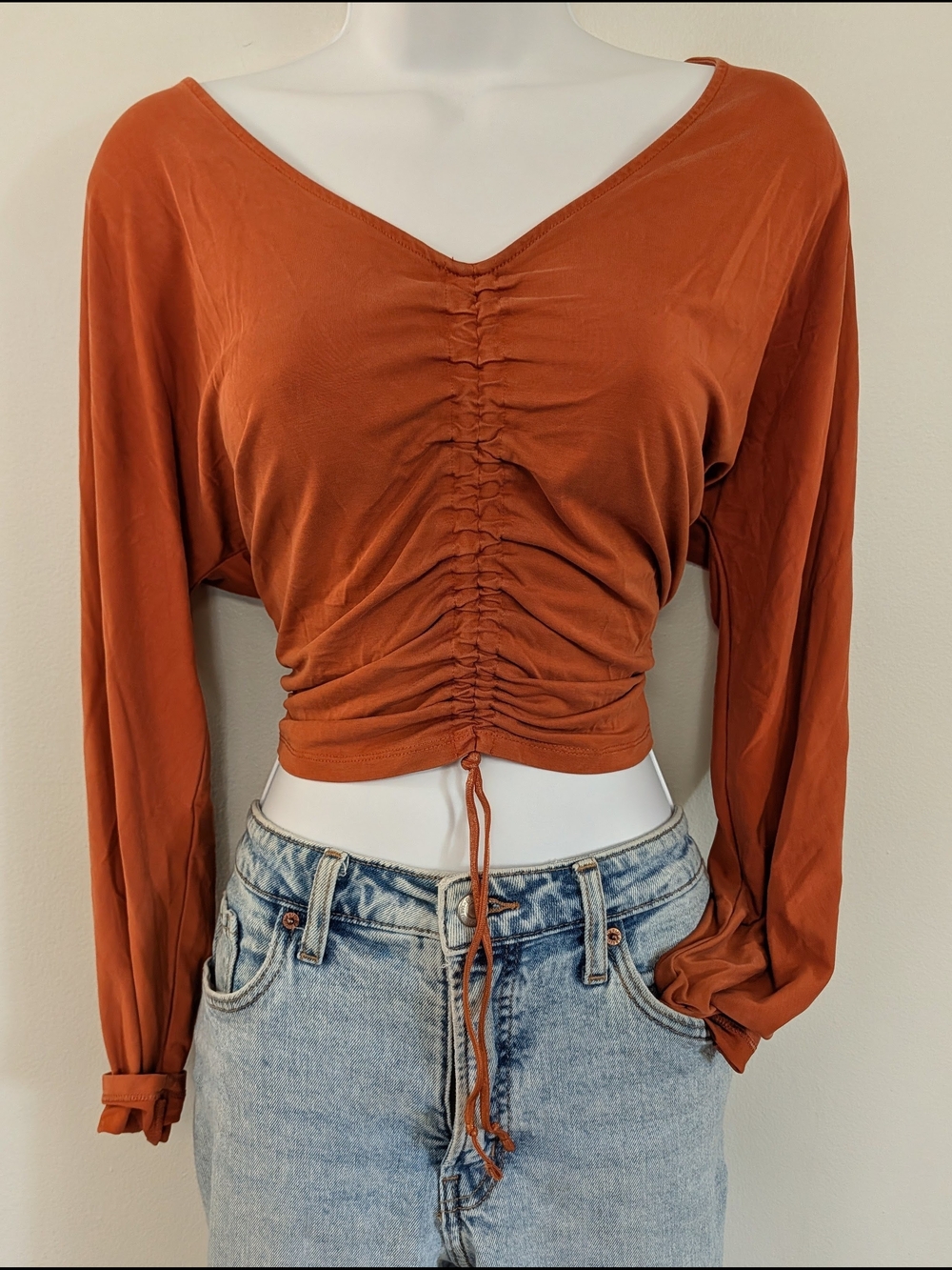 JoyLab Rust Ruched Drawstring V-Neck Long-Sleeve Crop Top